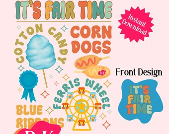 Retro Fair Time PNG | Carnival Clipart, Cotton Candy, Corn Dogs, Ferris Wheel, Blue Ribbon | Fair Food Sublimation Design, Digital Download