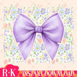 May include: A large, watercolor-style purple bow with detailed shading, set against a backdrop of a floral pattern in pastel colors. The image includes the text "R+K INSTANT DOWNLOAD" in a pink and orange banner.