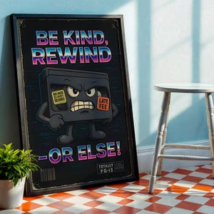 May include: A framed poster with the text "BE KIND, REWIND - OR ELSE!" features a cartoon VHS tape character with an angry expression. The poster has a black frame and is leaning against a light blue wall. A small plant and a white stool are also in the image.