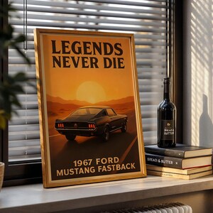 1967 Ford Mustang Fastback-affisch, vintage muskelbilskonst (digital nedladdning)