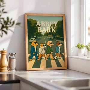 Abbey Bark – Funny Dog Abbey Road Poster, Beatles-Inspired Pet Wall Art, Retro Cartoon Dogs with Sunglasses – Printable Digital Download