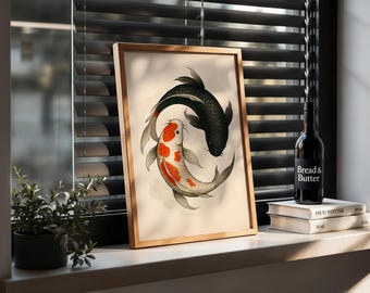 Yin Yang Koi Fish Digital Print – Minimalist Zen Wall Art for Instant Download