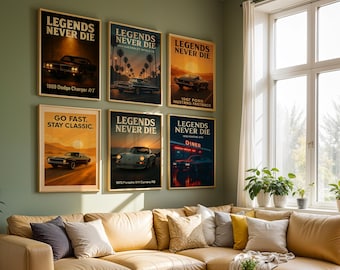 Vintage Muscle Car Poster Set, Classic Car Wall Art Prints, Retro Automotive Garage Decor, Muscle Car Digital Download, Car Enthusiast Gift