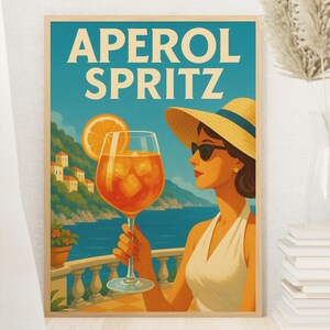 Cyfrowa dekoracja ścienna Aperol Vintage Aperol Spritz Wydrukowana sztuka Włoski koktajl Dekoracja ścienna Letni bar Wydrukuj Amalfi Coast Retro plakat Prezent
