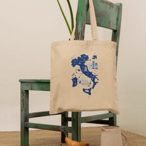 Sac Cabas Carte de l’Italie – Sac cabas en coton avec monuments italiens – Style vintage voyage – Idée cadeau Italie