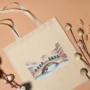 Tote Bag Pont du Rialto – Illustration Venise Italie – Sac cabas en coton – Cadeau gondole – Sac architecture romantique