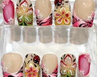 Handbemalte, quadratische French-Tip-Nägel mit rosa Blumenmuster, 3D-Frühlingsnagelset