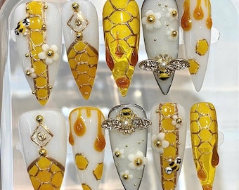 Honeycomb Bee Press On Nails | Amber Gold Drip Nails | 3D Honey Bee Nail Art