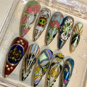 Vintage Stained Glass Press On Nails | Artistic Floral & Butterfly Design | Long Pointed Handmade Nail Art Set | Boho Retro Nails