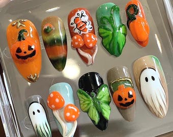 3D Halloween Press On Nails: Pumpkin, Ghost & Mushroom Nail Art