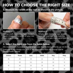 Puede incluir: Imagen que muestra instrucciones sobre c&oacute;mo medir las u&ntilde;as para determinar la talla. Incluye dos m&eacute;todos: usar una cinta m&eacute;trica flexible o cinta adhesiva y una regla. Tambi&eacute;n se incluye una tabla de tallas, con medidas en mil&iacute;metros.