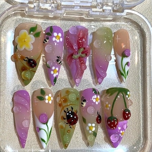 Cute Garden Insect Press On Nails – Handmade 3D Ladybug Bee Strawberry Nail Art – Floral Summer Long Stiletto Nails