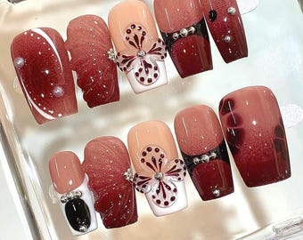 Luxury Red Press On Nails: Handmade Wine Red 3D Flower Rhinestone Set