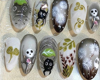 Totoro Press On Nails: Anime Forest Spirit, Handmade Nail Set