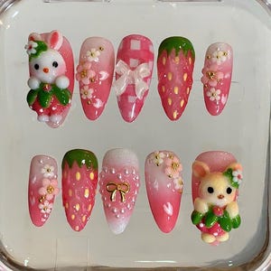 3D Kawaii Strawberry Press On Nails: Bunny Bear Sakura Nail Art