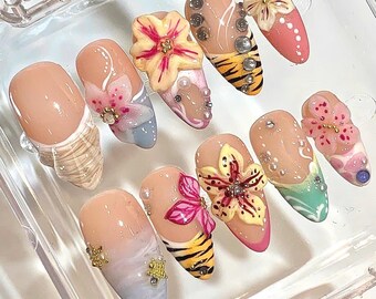 3D Flower Press On Nails | Tropical Mix Nail Set | Luxury Handmade Nails