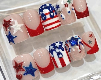 Unhas Postiças 3D com Estrela e Bandeira Americana | Conjunto Vermelho, Branco e Azul para o Dia da Independência
