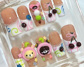 Y2K Kawaii Bear Cherry Press On Nails, 3D Japanese Inspired Nail Art