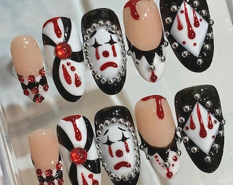 Unhas Postiças de Palhaço Assustador: Conjunto de Unhas Artísticas Góticas de Terror para o Halloween