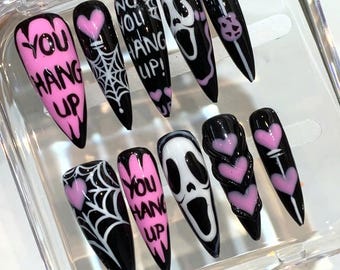 Horror Scream Press On Nails: Pink Black Spooky Spider Web Nail Art