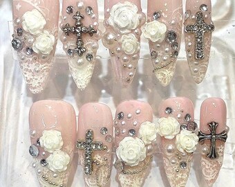 Vintage Cross Press On Nails, 3D Rose Pearl Gothic Coquette Set