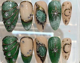 Emerald Glitter Press On Nails | Gold Moon Star Nail Art