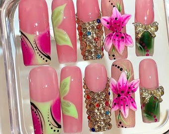 Pink Floral Rhinestone Press On Nails: 3D Flower Bow Nail Art