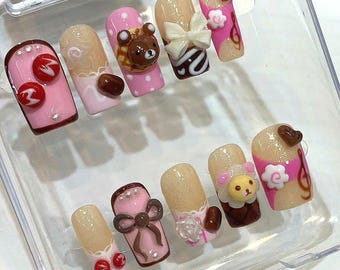 Kawaii Bear Press On Nails: Pink Chocolate 3D Harajuku Fake Nails