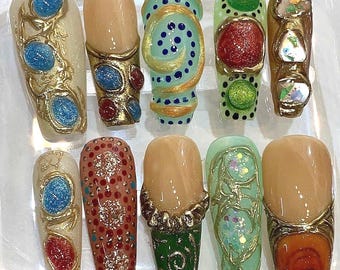 Gemstone Press On Nails, Gold 3D Artistic Nails, Jewel Design Nail Set