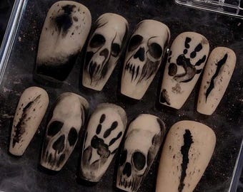 Halloween Skull Press On Nails: Gothic Horror Handprint Nail Art