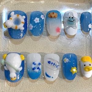 Ocean Summer Press On Nails – 3D-nagelkunst met eend en zeester – Schattige strandnepnagels