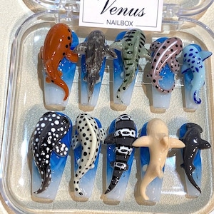 3D Shark Press On Nails – Handmade Ocean Animal Nail Art Set, Custom Marine Life Acrylic Nails