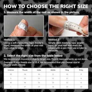 May include: Image showing instructions on how to measure nails for sizing. Includes two methods: using a soft measuring tape or masking tape and a ruler. A size chart is also included, with measurements in millimeters and nail sizes from XS to L.