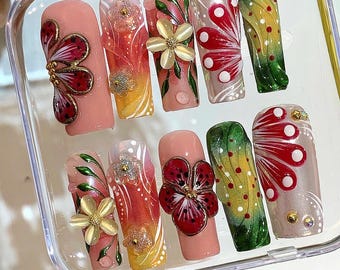 3D Tropical Flower Press On Nails – Bright Summer Nail Set