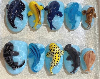 3D Ocean Animal Press On Nails: Handmade Marine Life Nail Art