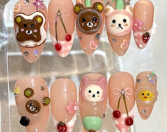 Kawaii Bear Press On Nails | 3D Cherry Nail Set | Pink Cartoon Fake Nails