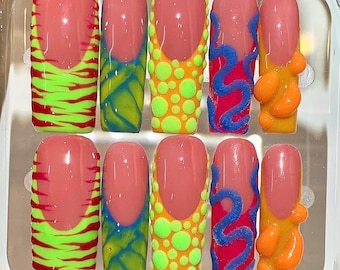Neon Pop Press On Nails | Bright Summer Nail Art Set | 3D Funky Festival Nails
