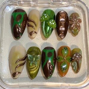 Enchanted Forest Press On Nails – 3D Mushrooms, Butterfly & Fairycore Design | Woodland Fantasy Fake Nails