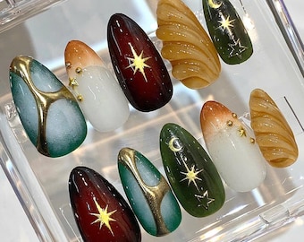 Celestial Press On Nails | Green Marble Gold Star Nails | Luxury Handmade Nail Set