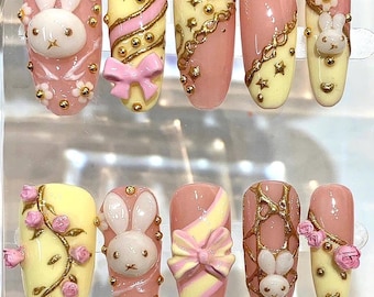 Bunny Press On Nails | Pastel Pink Yellow 3D Nail Art | Kawaii Luxury Handmade Nails