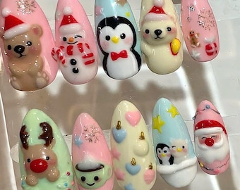 Pastel Christmas Press On Nails – 3D Santa Reindeer Penguin Nail Art