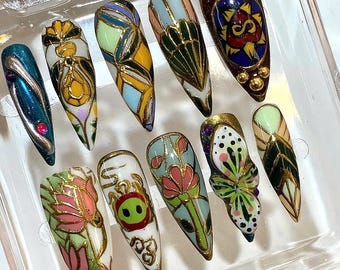 Vintage Stained Glass Press On Nails: Floral Butterfly Nail Art