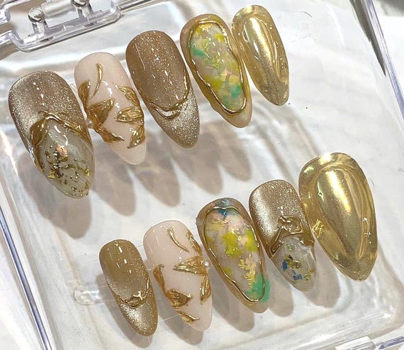 Gold Chrome Marble Press On Nails: Luxury Iridescent Nail Art Set