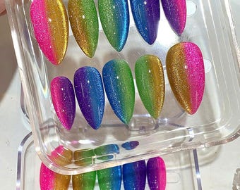 Rainbow Glitter Ombre Press On Nails: Handmade Festival Fake Nail Set