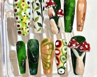 Mushroom Forest Press On Nails – Green Nature Cottagecore Nail Set