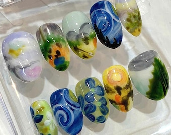 Van Gogh Starry Night Press On Nails: Hand-Painted Art False Nails