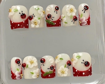 Ladybug Floral Press On Nails | 3D Flower Cute Nails | Red White Polka Dot Fake Nails