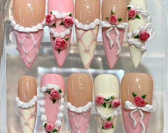 Pink Floral Press On Nails | Coquette 3D Rose Nails | Handmade Romantic Nail Set