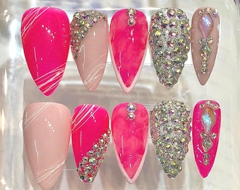 Hot Pink Rhinestone Stiletto Press On Nails | Barbiecore Glam Bling Set