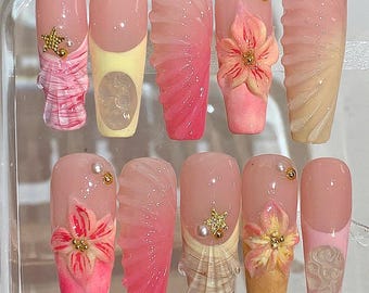 Uñas postizas de concha rosa / Set de uñas con flores 3D / Uñas de playa tropical de verano